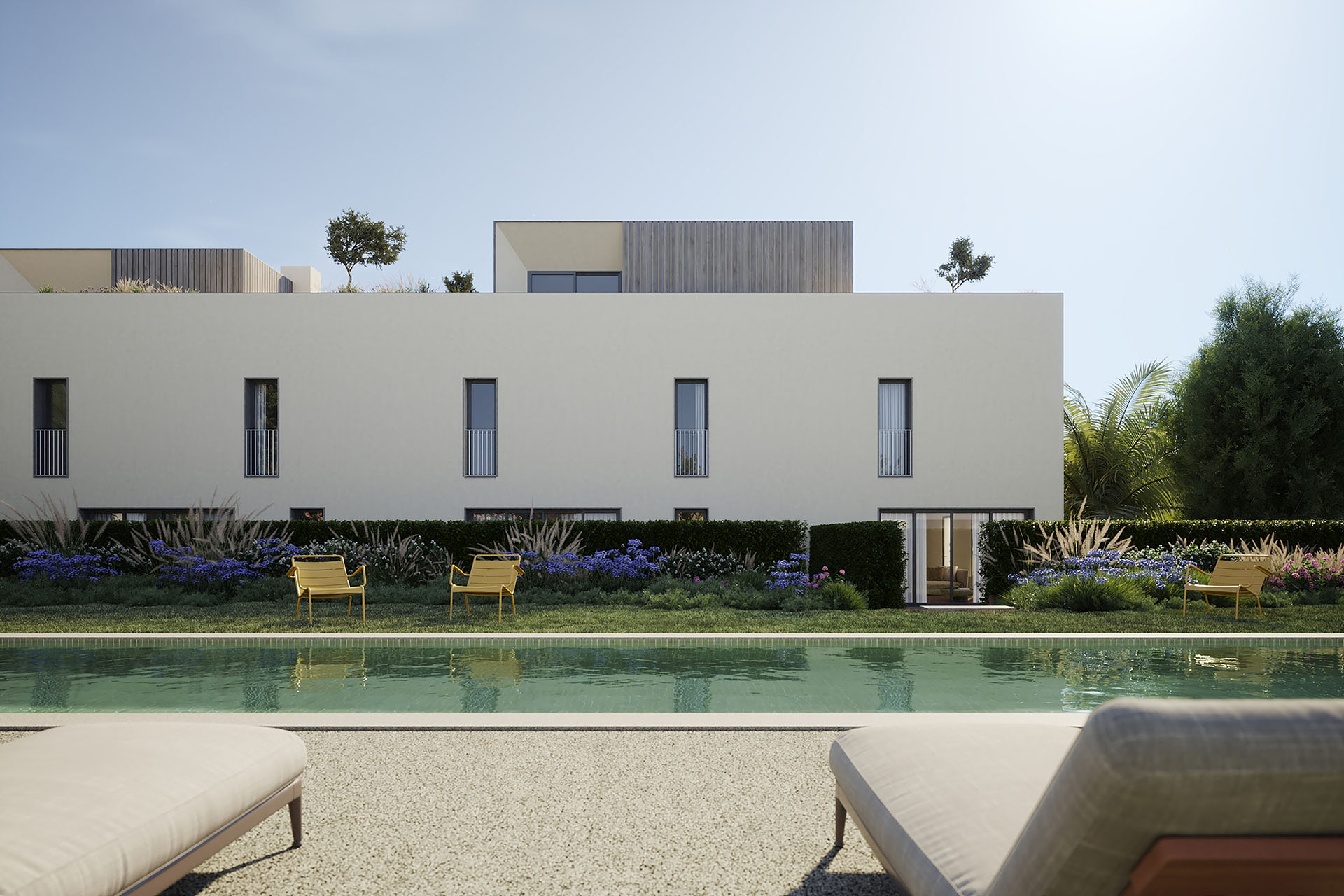 Perspetiva 3D do Porto Gardens, com jardim e piscina