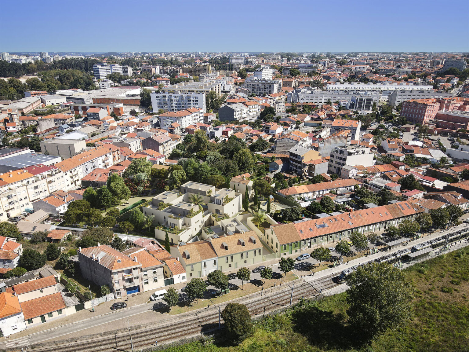 Perspetiva 3D aérea do empreendimento Porto Gardens